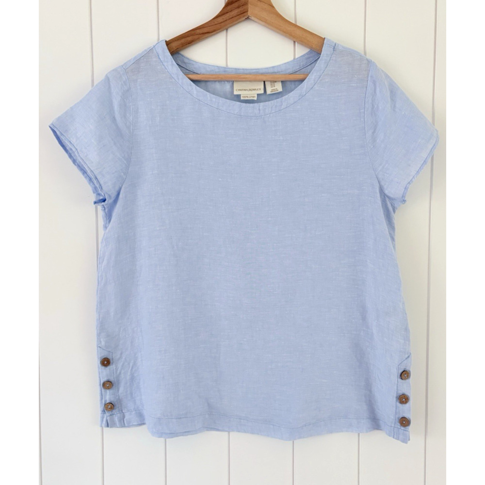 Cynthia Rowley 100% Linen Boxy Blouse Top Light Blue Short Sleeve Beachy Medium - Picture 3 of 9